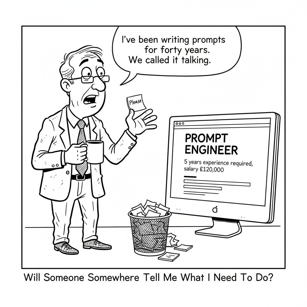 Office Man cartoon: Prompt Engineering — The Alternate Take