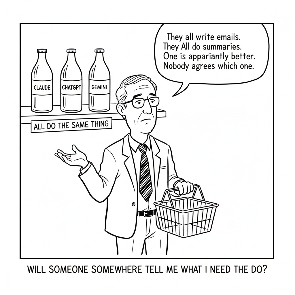 Office Man cartoon: Claude vs ChatGPT vs Gemini